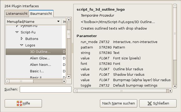 Das Dialogfenster des Plugin-Browsers (Baumansicht)